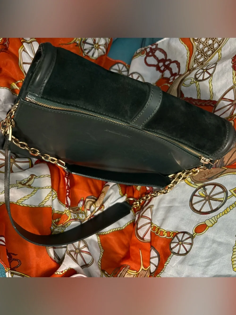 Camille Vost Detached topDark Green Suede and leather crossbody with Gold accent